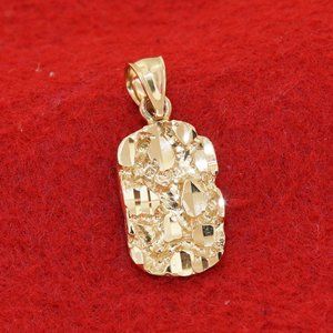 14k Solid Yellow Gold 3D Rough Nugget Design Style Unisex Flat Textured Pendant
